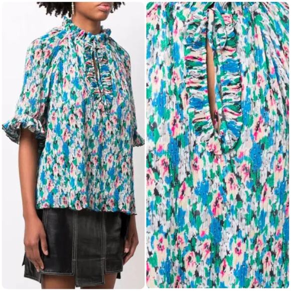 Ganni Pleated Georgette Ruffle V-Neck Blouse in Floral Azure Blue - Picture 1 of 16
